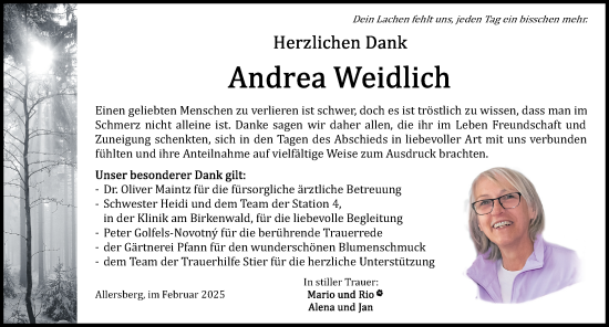 Traueranzeige von Andrea Weidlich von Roth-Hilpoltsteiner Volkszeitung Lokal