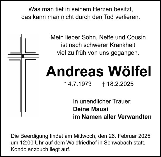 Traueranzeige von Andreas Wölfel von Schwabacher Tagblatt Lokal