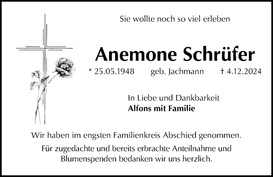 Traueranzeige von Anemone Schrüfer von Gesamtausgabe Nürnberger Nachrichten/ Nürnberger Ztg.