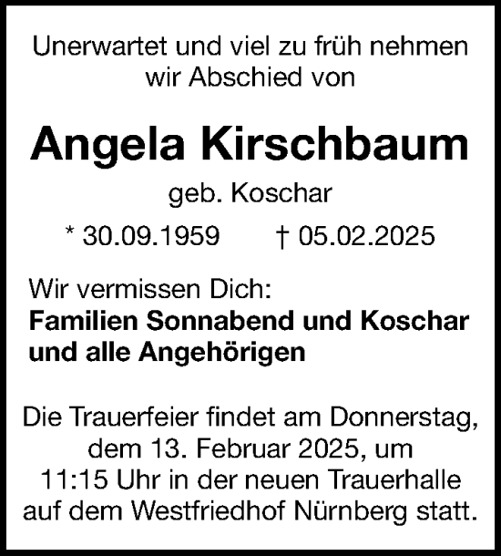Traueranzeige von Angela Kirschbaum von Gesamtausgabe Nürnberger Nachrichten/ Nürnberger Ztg.