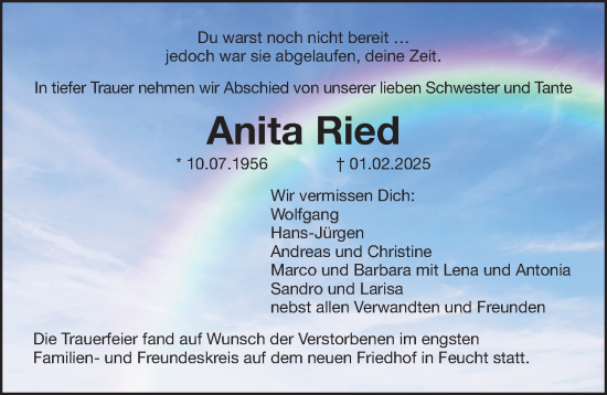 Traueranzeige von Anita Ried von Gesamtausgabe Nürnberger Nachrichten/ Nürnberger Ztg.