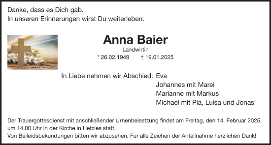 Traueranzeige von Anna Baier von Nordbayerische Nachrichten Forchheim Lokal