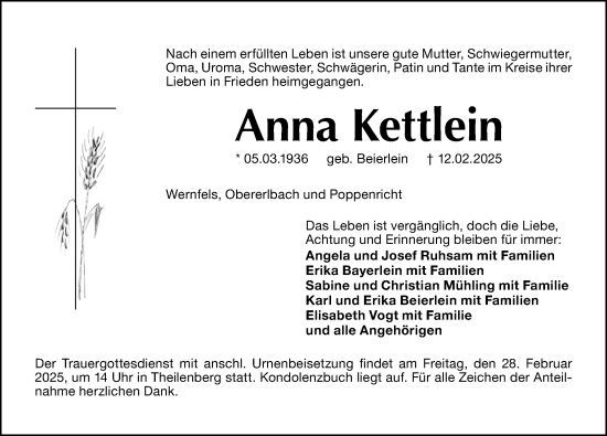 Traueranzeige von Anna Kettlein von Altmühl-Bote Lokal/ Roth-Hilpoltsteiner Volkszeitung