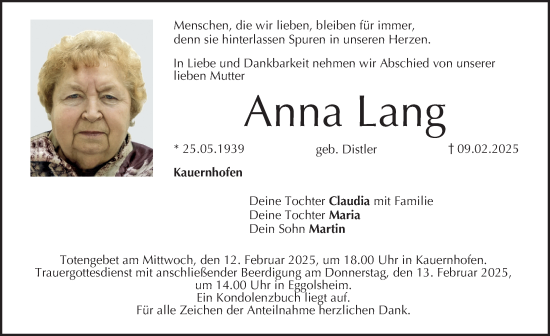 Traueranzeige von Anna Lang von Nordbayerische Nachrichten Forchheim Lokal