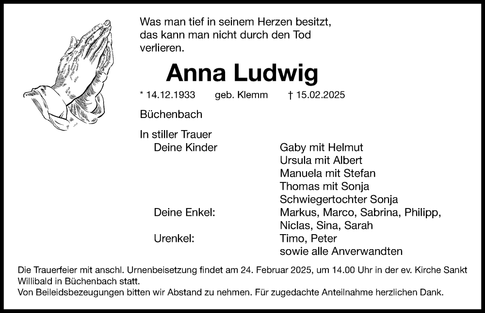  Traueranzeige für Anna Ludwig vom 22.02.2025 aus Roth-Hilpoltsteiner Volkszeitung Lokal