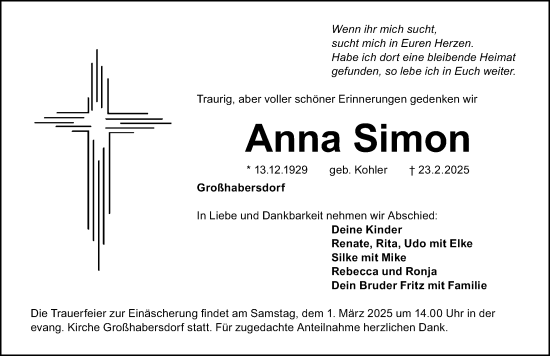 Traueranzeige von Anna Simon von Fürther Nachrichten Lokal