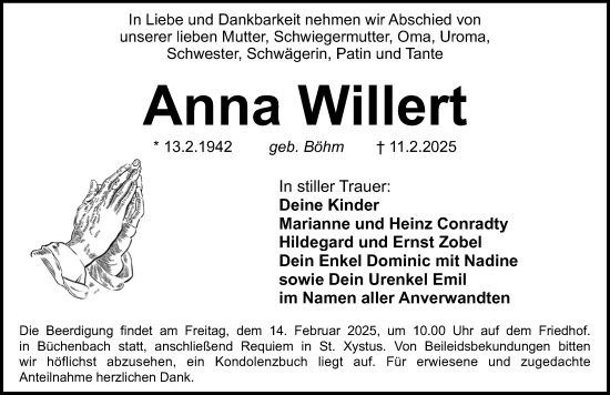 Traueranzeige von Anna Willert von Erlanger Nachrichten Lokal