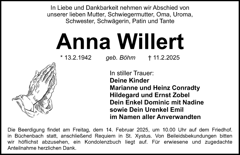  Traueranzeige für Anna Willert vom 13.02.2025 aus Erlanger Nachrichten Lokal