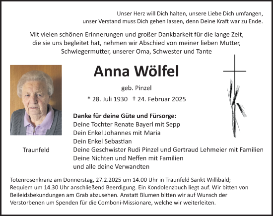 Traueranzeige von Anna Wölfel von Neumarkter Nachrichten Lokal