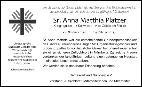 Traueranzeige von Anna Matthia Platzer von Gesamtausgabe Nürnberger Nachrichten/ Nürnberger Ztg.