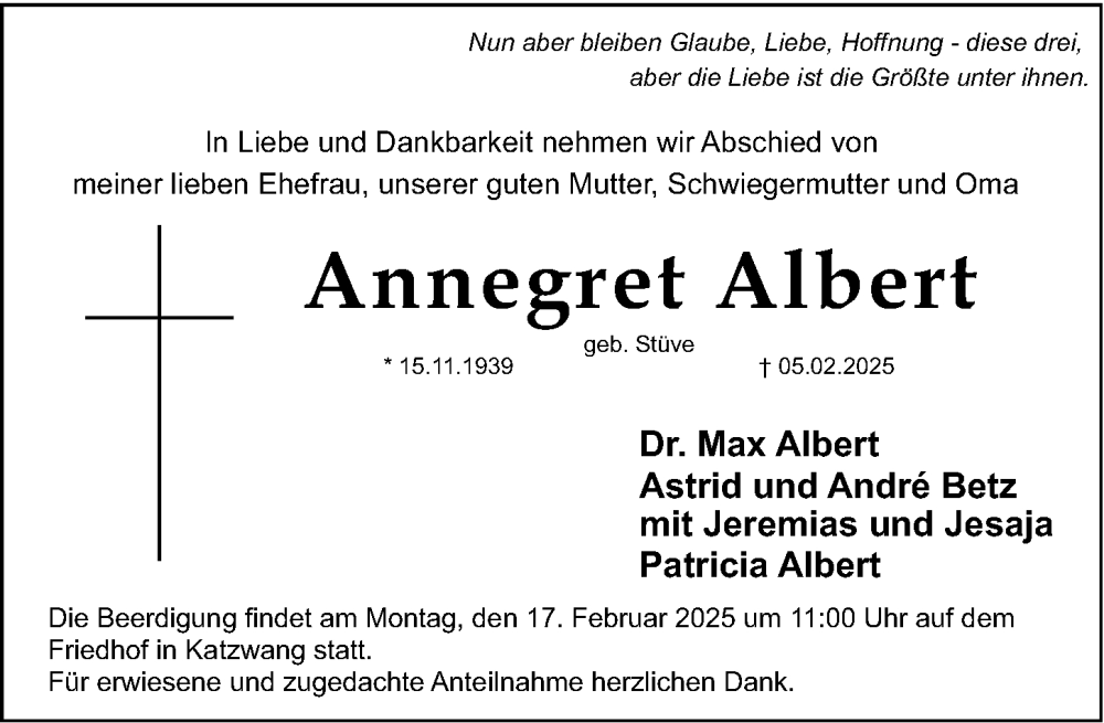  Traueranzeige für Annegret Albert vom 12.02.2025 aus Gesamtausgabe Nürnberger Nachrichten/ Nürnberger Ztg./ Schwabach