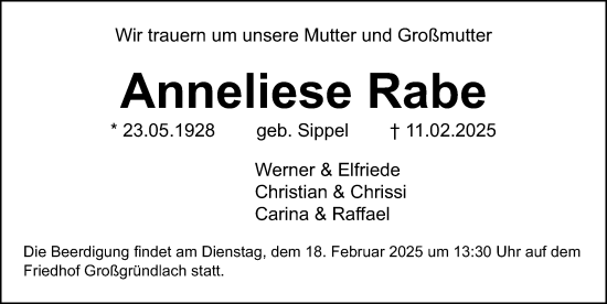 Traueranzeige von Anneliese Rabe von Gesamtausgabe Nürnberger Nachrichten/ Nürnberger Ztg.