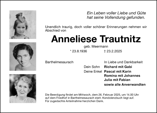 Traueranzeige von Anneliese Trautnitz von Schwabacher Tagblatt Lokal