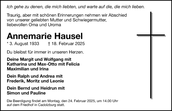 Traueranzeige von Annemarie Hausel von Fürther Nachrichten Lokal