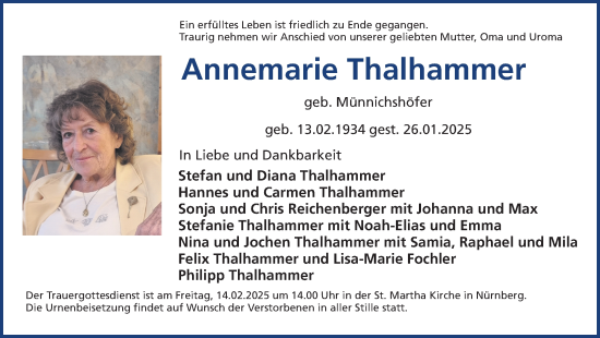 Traueranzeige von Annemarie Thalhammer von Gesamtausgabe Nürnberger Nachrichten/ Nürnberger Ztg.