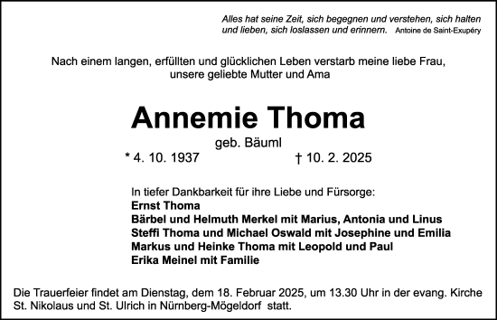 Traueranzeige von Annemie Thoma von Gesamtausgabe Nürnberger Nachrichten/ Nürnberger Ztg.