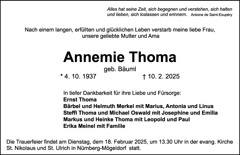  Traueranzeige für Annemie Thoma vom 15.02.2025 aus Gesamtausgabe Nürnberger Nachrichten/ Nürnberger Ztg.