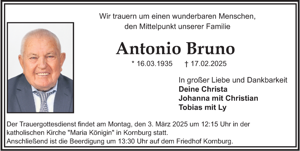 Traueranzeige für Antonio Bruno vom 01.03.2025 aus Gesamtausgabe Nürnberger Nachrichten/ Nürnberger Ztg.