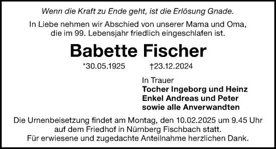 Traueranzeige von Babette Fischer von Gesamtausgabe Nürnberger Nachrichten/ Nürnberger Ztg.