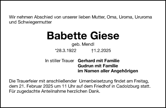 Traueranzeige von Babette Giese von Fürther Nachrichten Lokal