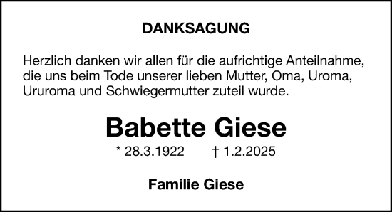 Traueranzeige von Babette Giese von Fürther Nachrichten Lokal