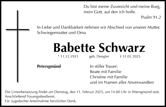 Traueranzeige von Babette Schwarz von Roth-Hilpoltsteiner Volkszeitung Lokal