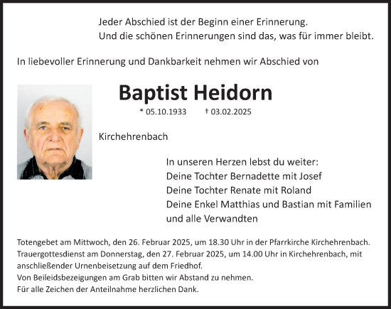 Traueranzeige von Baptist Heidorn von Nordbayerische Nachrichten Forchheim Lokal