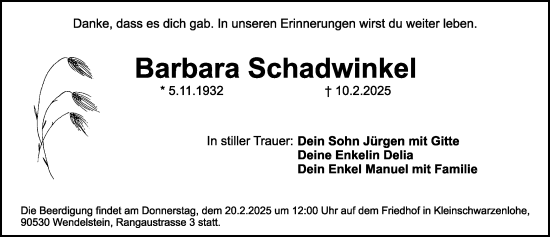 Traueranzeige von Barbara Schadwinkel von Schwabacher Tagblatt Lokal