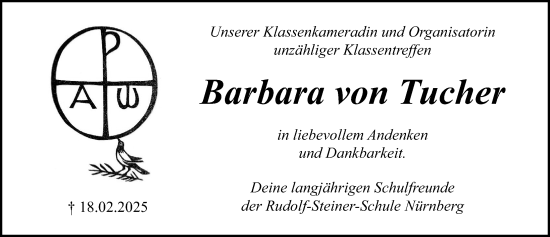 Traueranzeige von Barbara von Tucher von Gesamtausgabe Nürnberger Nachrichten/ Nürnberger Ztg.