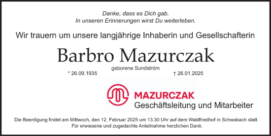 Traueranzeige von Barbro Mazurczak von HST,G