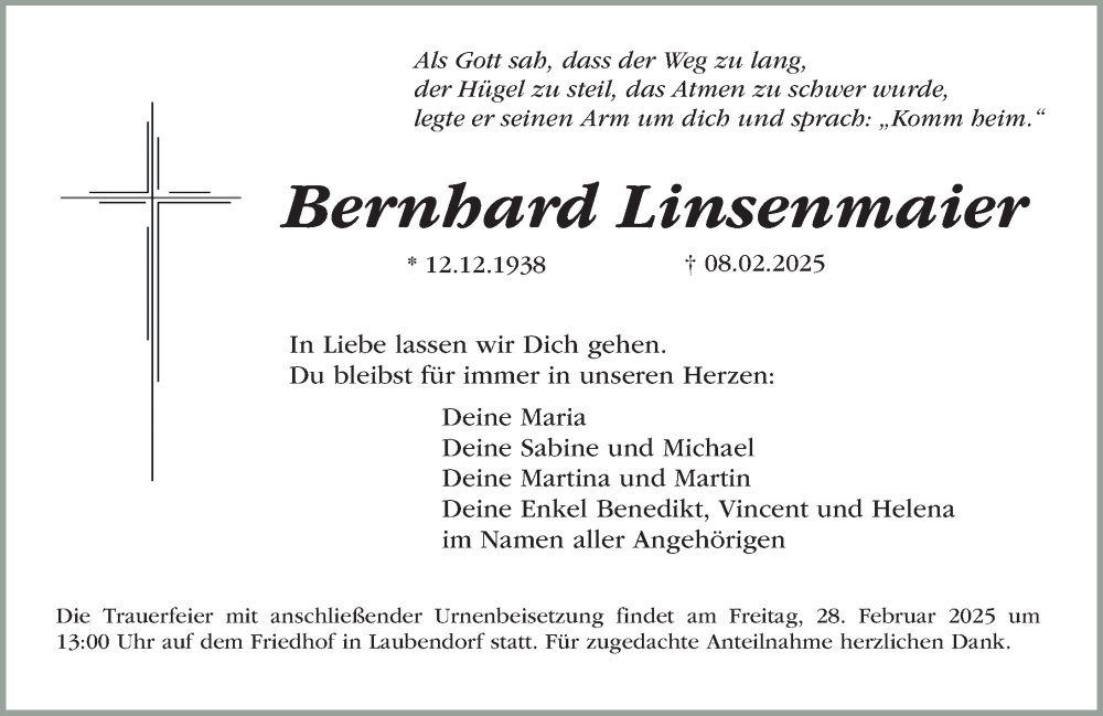  Traueranzeige für Bernhard Linsenmaier vom 22.02.2025 aus Fürther Nachrichten Lokal