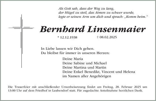 Traueranzeige von Bernhard Linsenmaier von Fürther Nachrichten Lokal