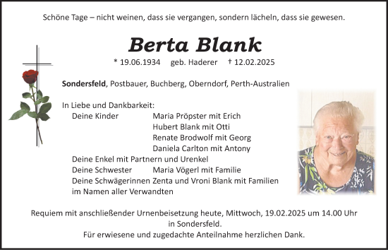 Traueranzeige von Berta Blank von Neumarkter Nachrichten Lokal