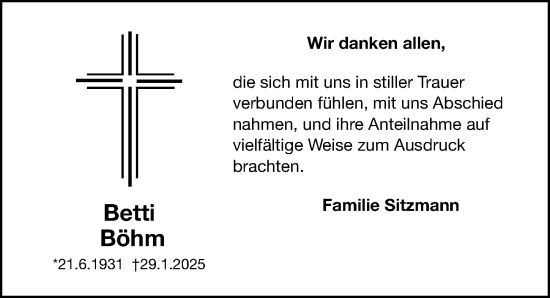 Traueranzeige von Betti Böhm von Fürther Nachrichten Lokal