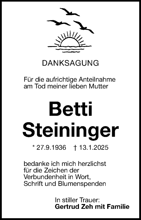Traueranzeige von Betti Steininger von Fürther Nachrichten Lokal