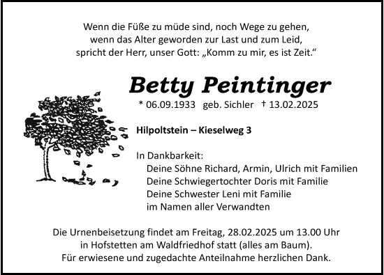 Traueranzeige von Betty Peintinger von Roth-Hilpoltsteiner Volkszeitung Lokal