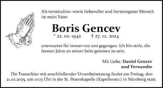 Traueranzeige von Boris Gencev von Gesamtausgabe Nürnberger Nachrichten/ Nürnberger Ztg.