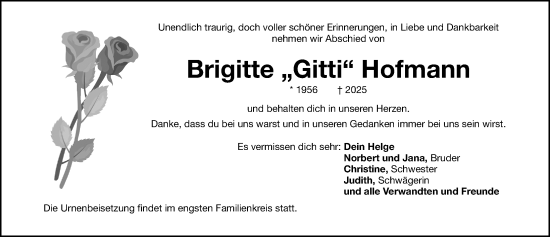 Traueranzeige von Brigitte Hofmann von Gesamtausgabe Nürnberger Nachrichten/ Nürnberger Ztg.