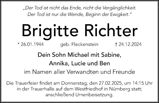 Traueranzeige von Brigitte Richter von Gesamtausgabe Nürnberger Nachrichten/ Nürnberger Ztg.