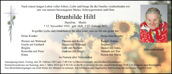 Traueranzeige von Brunhilde Hiltl von Neumarkter Nachrichten Lokal