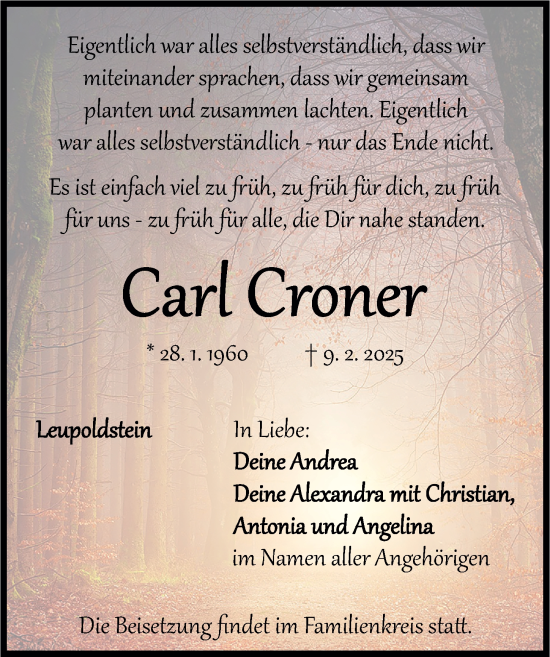 Traueranzeige von Carl Croner von Nordbayerische Nachrichten Pegnitz Lokal