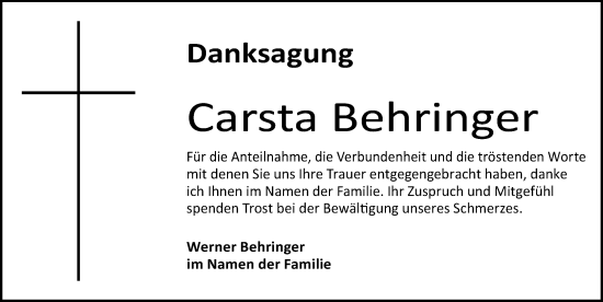 Traueranzeige von Carsta Behringer von Gesamtausgabe Nürnberger Nachrichten/ Nürnberger Ztg.