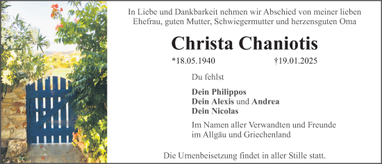 Traueranzeige von Christa Chaniotis von Erlanger Nachrichten Lokal