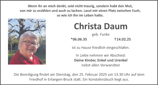 Traueranzeige von Christa Daum von Erlanger Nachrichten Lokal