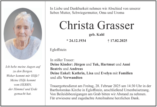 Traueranzeige von Christa Grasser von Nordbayerische Nachrichten Forchheim Lokal