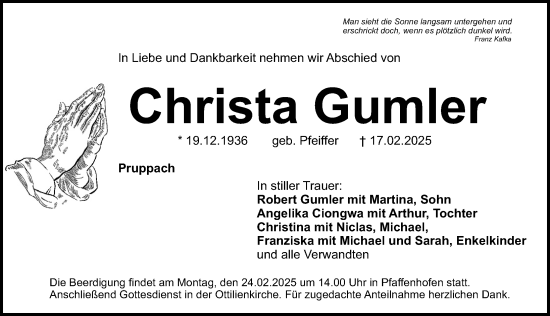 Traueranzeige von Christa Gumler von Roth-Hilpoltsteiner Volkszeitung Lokal