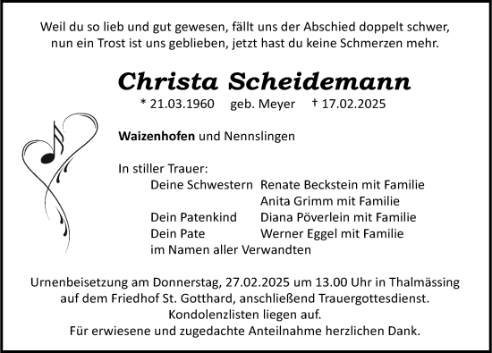 Traueranzeige von Christa Scheidemann von Roth-Hilpoltsteiner Volkszeitung Lokal