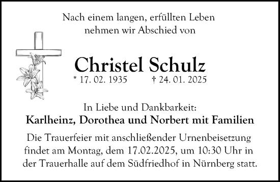 Traueranzeige von Christel Schulz von Gesamtausgabe Nürnberger Nachrichten/ Nürnberger Ztg.