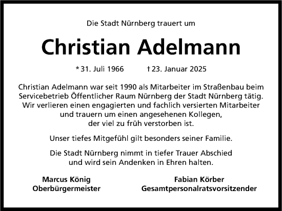 Traueranzeige von Christian Adelmann von Gesamtausgabe Nürnberger Nachrichten/ Nürnberger Ztg.