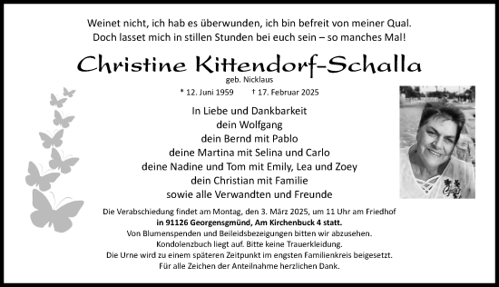 Traueranzeige von Christine Kittendorf-Schalla von Roth-Hilpoltsteiner Volkszeitung Lokal